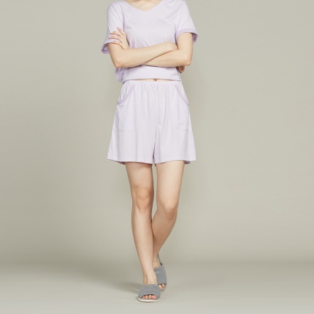 【竹纖維】口袋跳色條紋短褲-薰衣草紫
