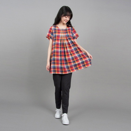 網路限定｜彩格胸前抓皺短袖上衣-彩格