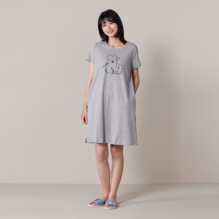 DINOTAENG｜QUOKKA & BOBO 網印短袖洋裝-迷霧灰