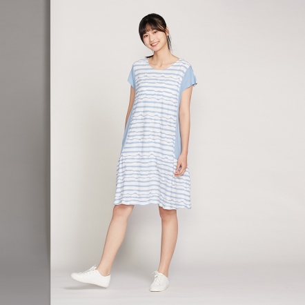 凸條提花拼接短袖洋裝-海島藍