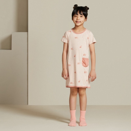 童裝｜馬來貘印花短袖洋裝-香檳粉