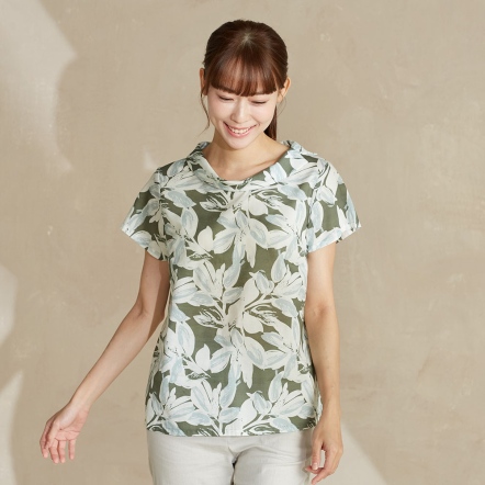 棉麻印花短袖上衣-橄欖綠