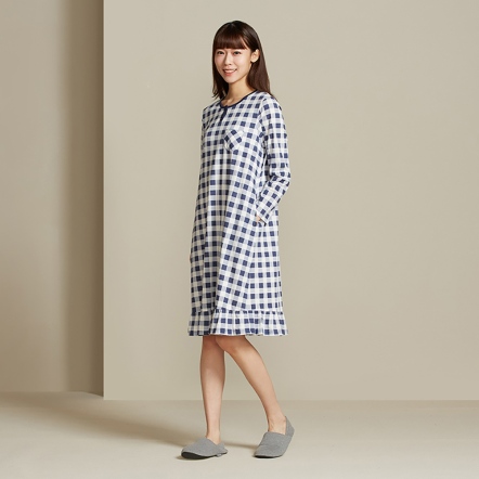格紋印花長袖洋裝-星海藍