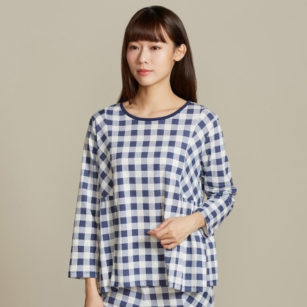 格紋印花長袖上衣-星海藍