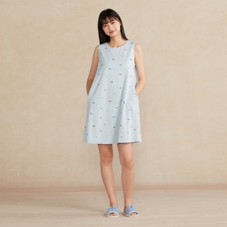 鯊魚印花拼接無袖洋裝-浮水藍