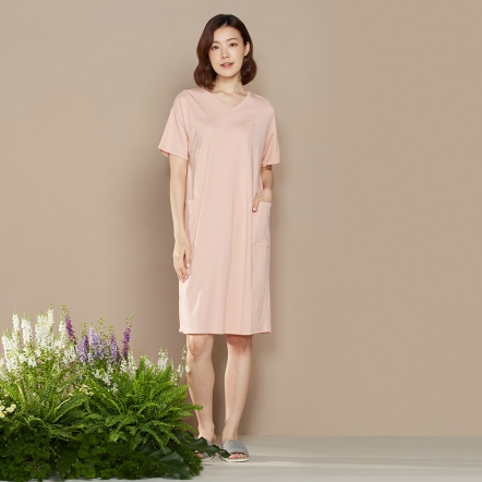 【乳木果】巴黎鐵塔印花V領短袖洋裝-粉橘