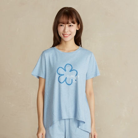 【竹纖維】麻花花朵網印短袖上衣-藍