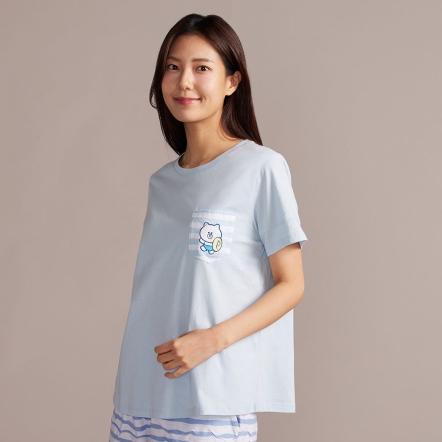 LINE FRIENDS｜假期熊大繡花短袖上衣-浮水藍