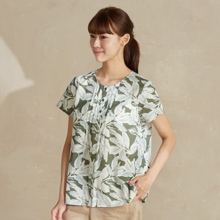 棉麻印花半開襟短袖上衣-橄欖綠