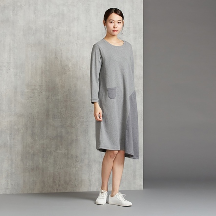 羅紋剪接長袖洋裝-岩石灰