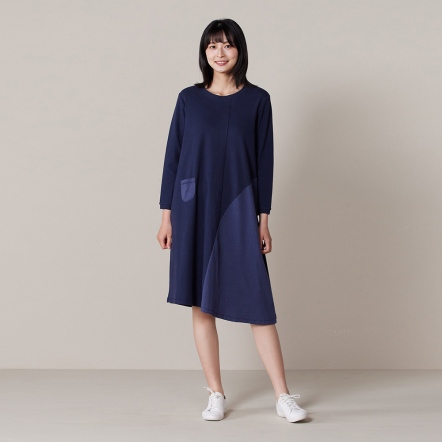 羅紋剪接長袖洋裝-靛藍