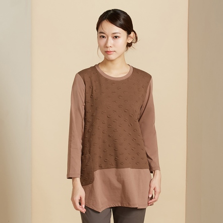 圓點提花拼接長袖長上衣-深咖啡