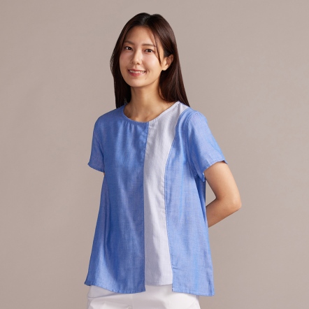 雙層棉拼接短袖上衣-天空藍
