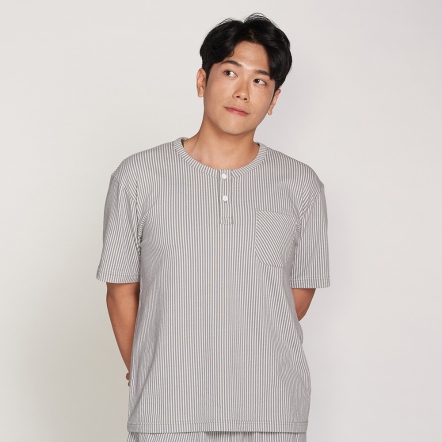 男裝 | 直條提花短袖上衣-迷霧灰