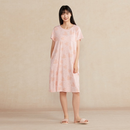 雨林馬來貘印花短袖洋裝-貝殼粉