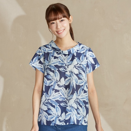 棉麻印花短袖上衣-丈青